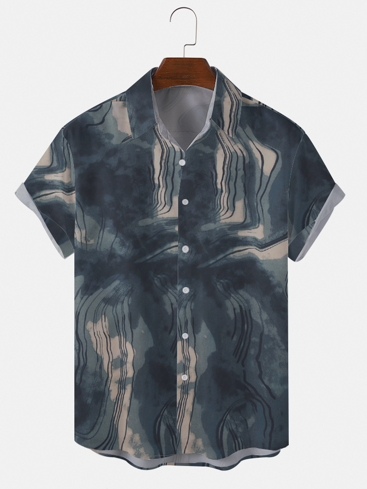 Mens Tie Dyed Hand Drawn Lined Printed Buttons Short Sleeve Shirts