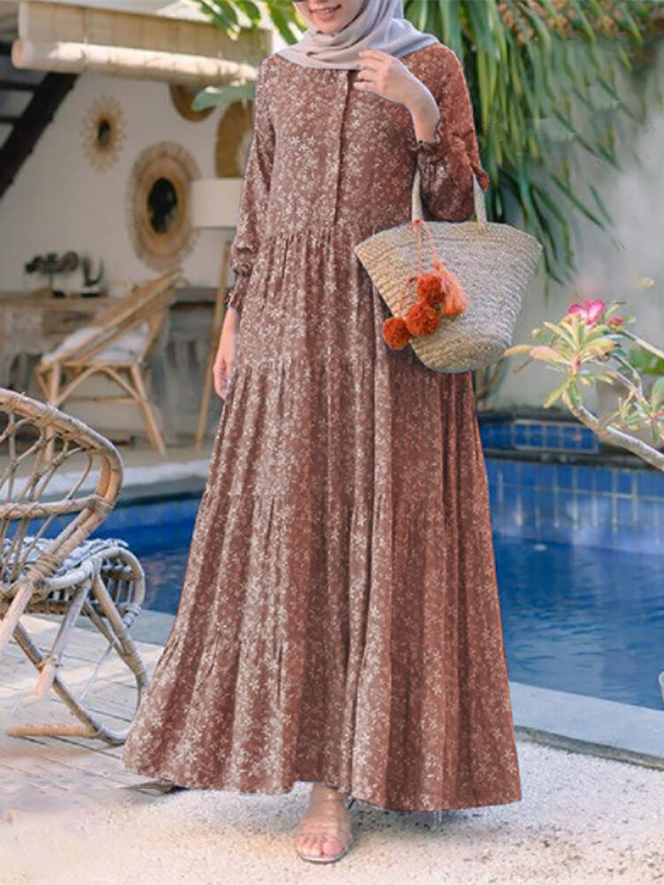 Women Floral Print O-neck Casual Holiday Bohemian Long Sleeve Tiered Maxi Dress