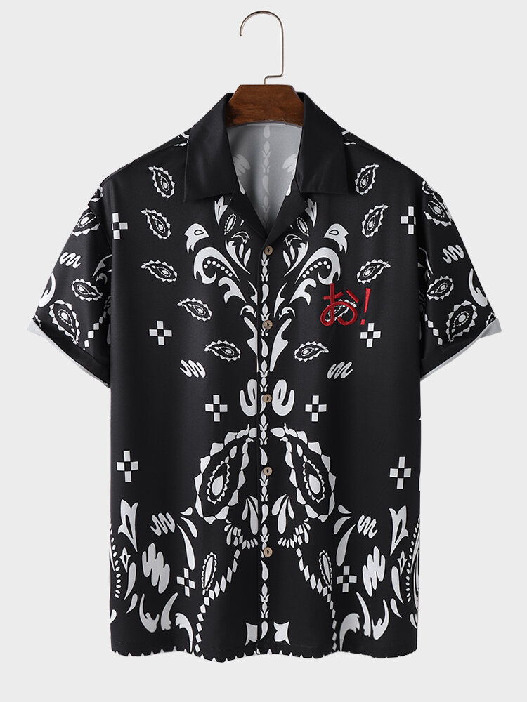 

Mens Ethnic Paisley Print Embroidered Revere Collar Short Sleeve Shirts