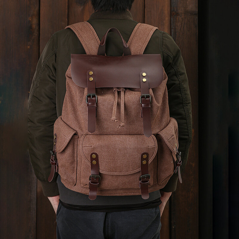 Men Oil Wax Canvas Casual Waterproof Multi-pocket Backpack Large Capacity 15.6 Inch Laptop Bag Shoul