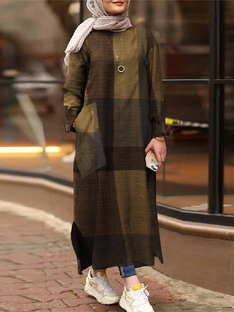 Dames vintage geruite print split maxi jurk kaftan tuniek met zijzakken