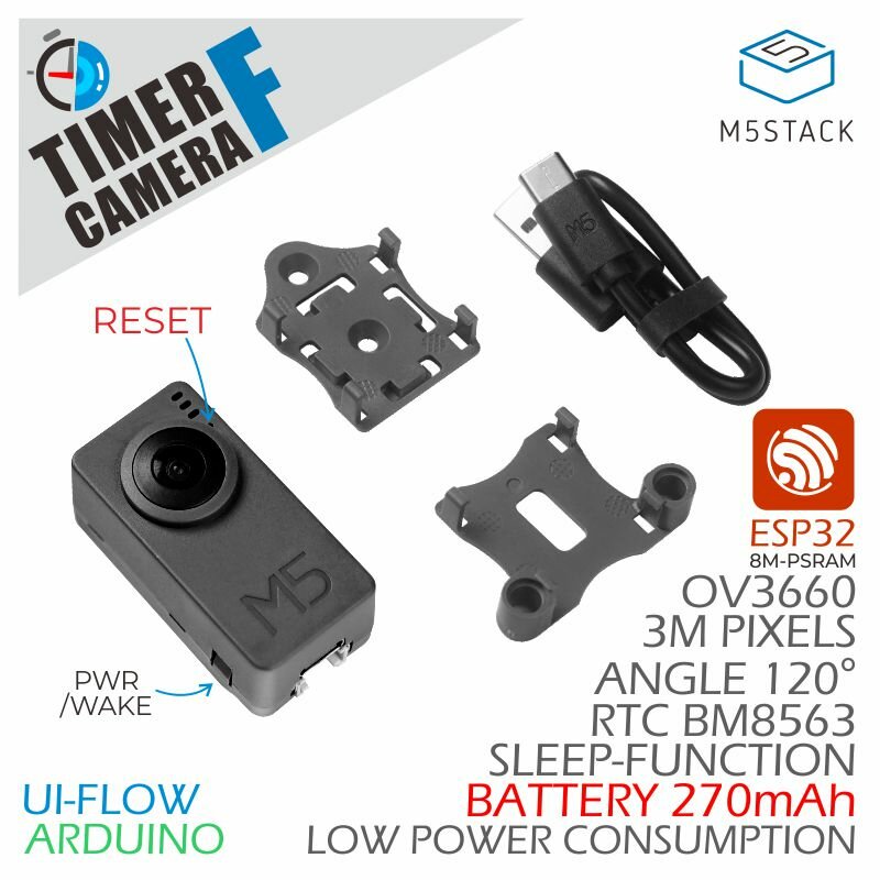 

M5Stack® ESP32 PSRAM Timer Camera F OV3660 WiFi + Bluetooth Module Fisheye Camera Module with PSRAM and 270mAh Battery