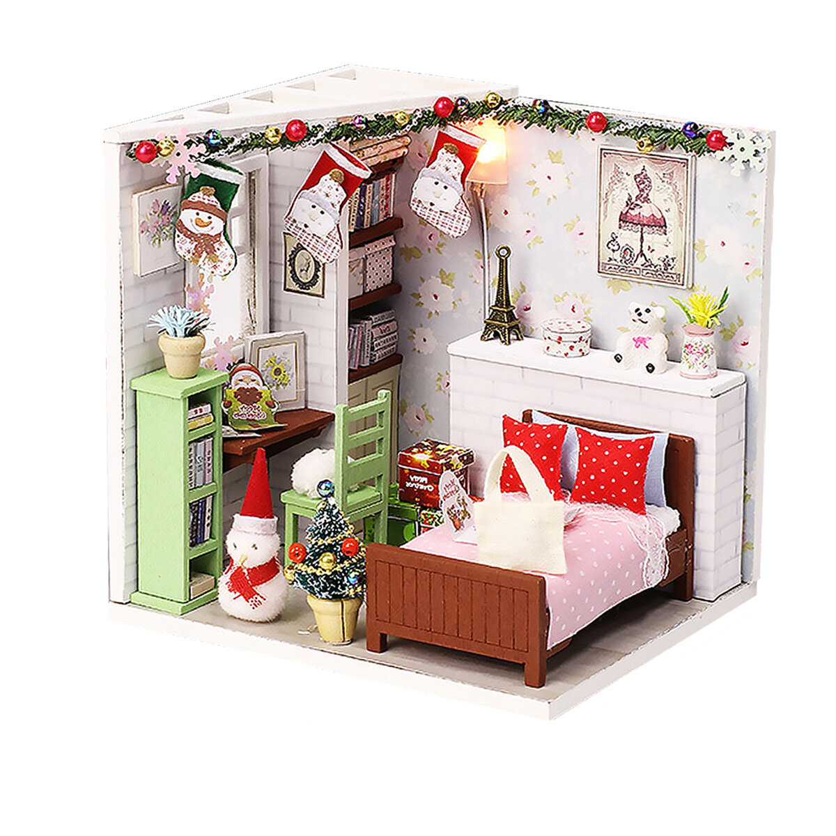 

Wooden Bedroom DIY Handmade Assemble Doll House Miniature Furniture Kit Education Toy with LED Light for Collection Birt