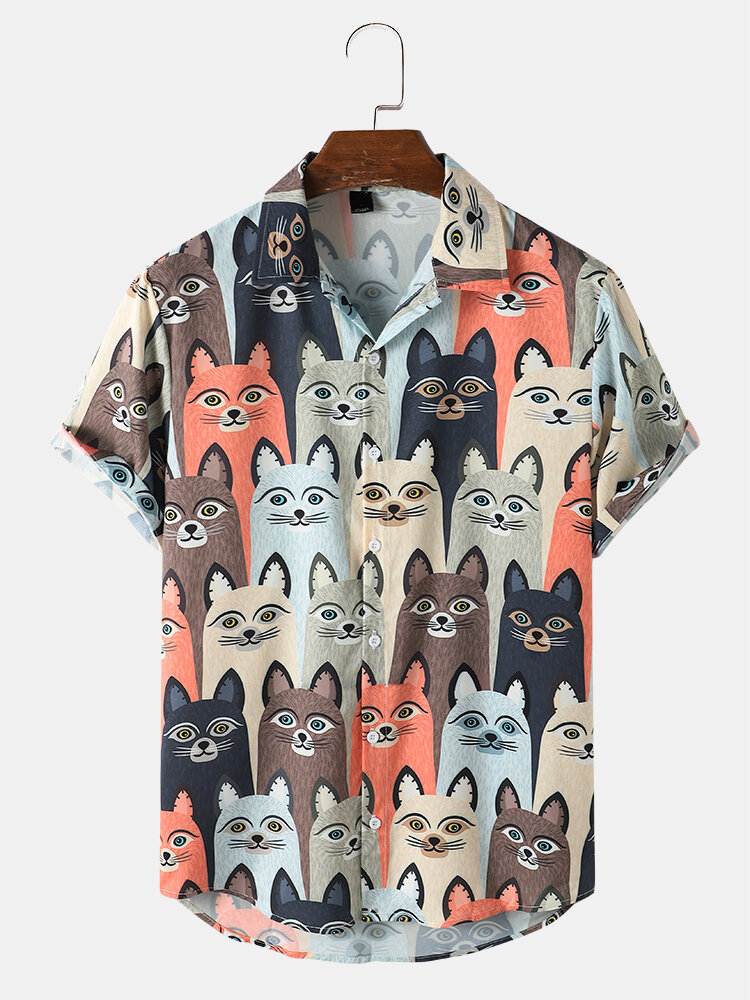 Mens Cat Cartoon Pet Dog Print Cute Shirts