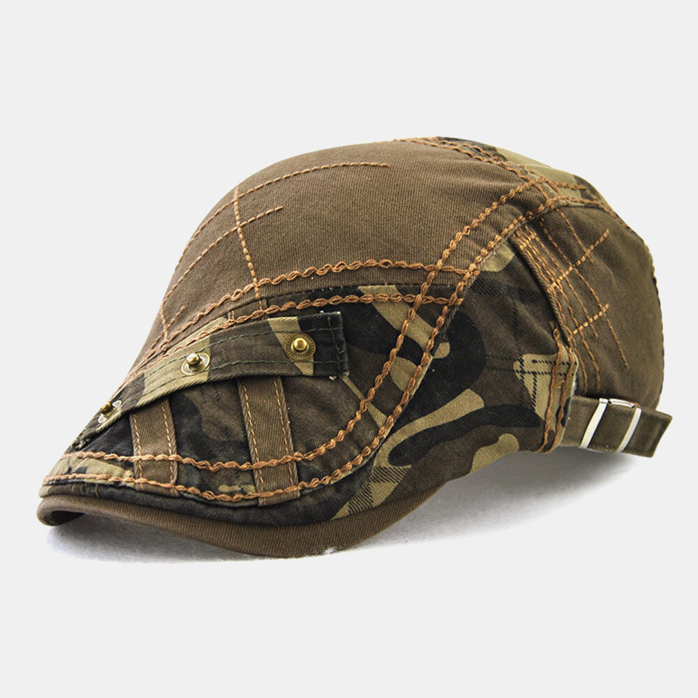 Men Cotton Camouflage Patchwork Metal Buckle Sunshade Beret Cap Forward Cap Flat Hat