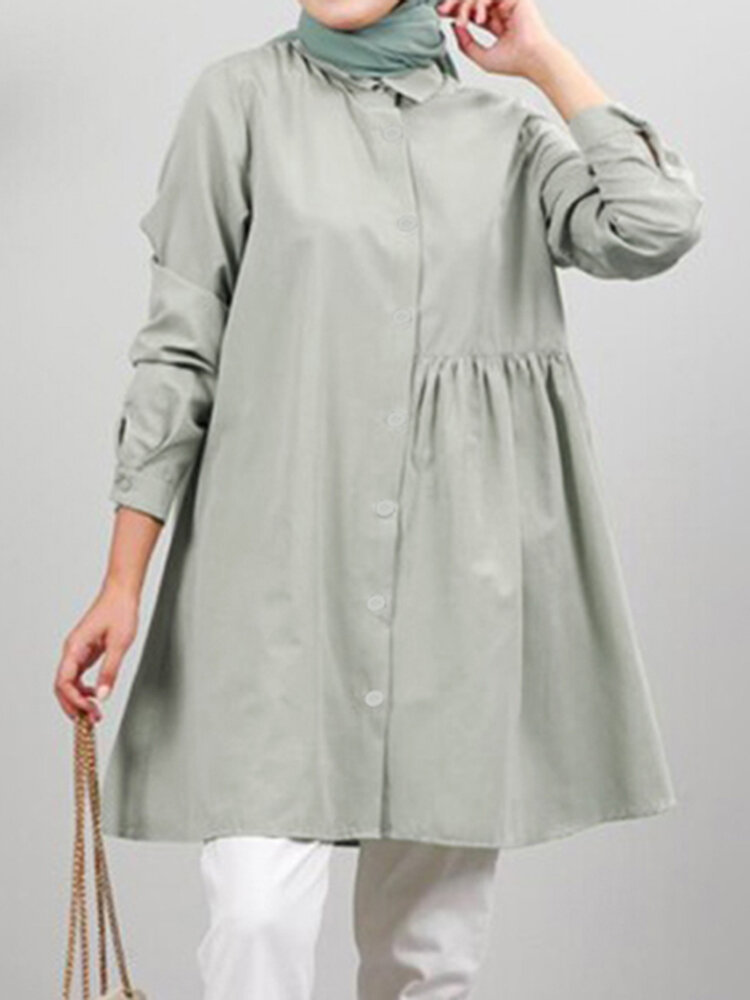 Women Solid Color Asymmetric Pleating Button Long Sleeve Muslim?Blouse