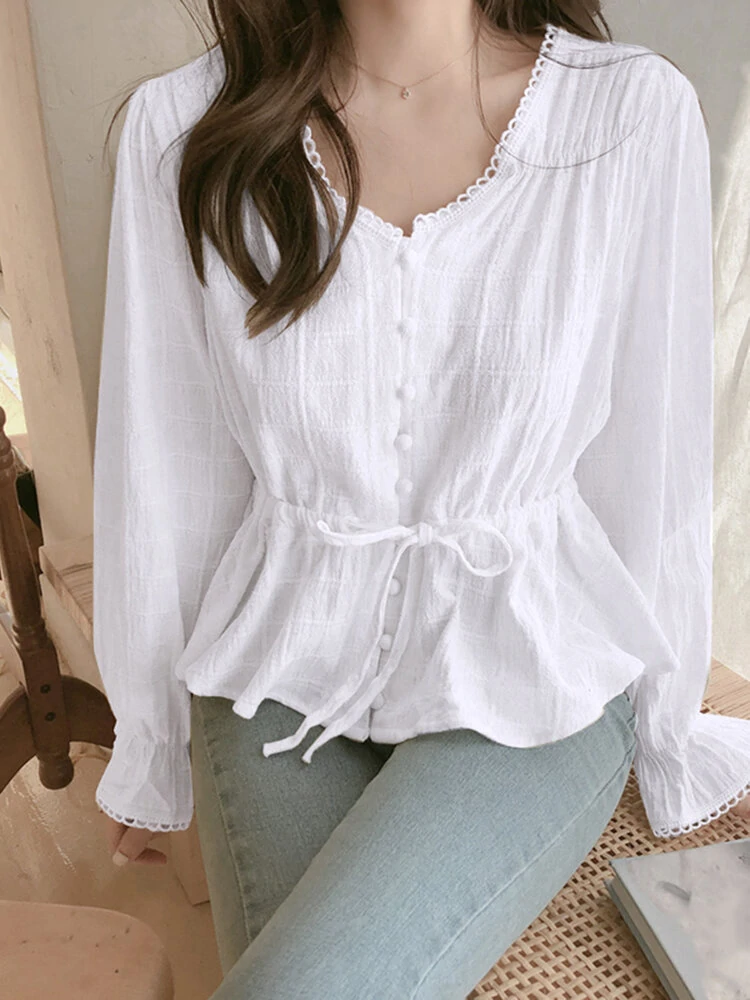 Solid drawstring flounce sleeve button v-neck blouse