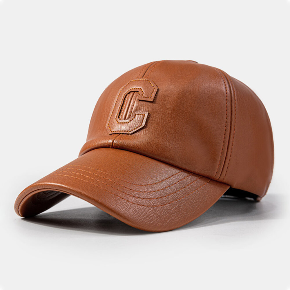 Men Baseball Cap PU Leather Letter Pattern Wild Casual Sunshade Driving Hat