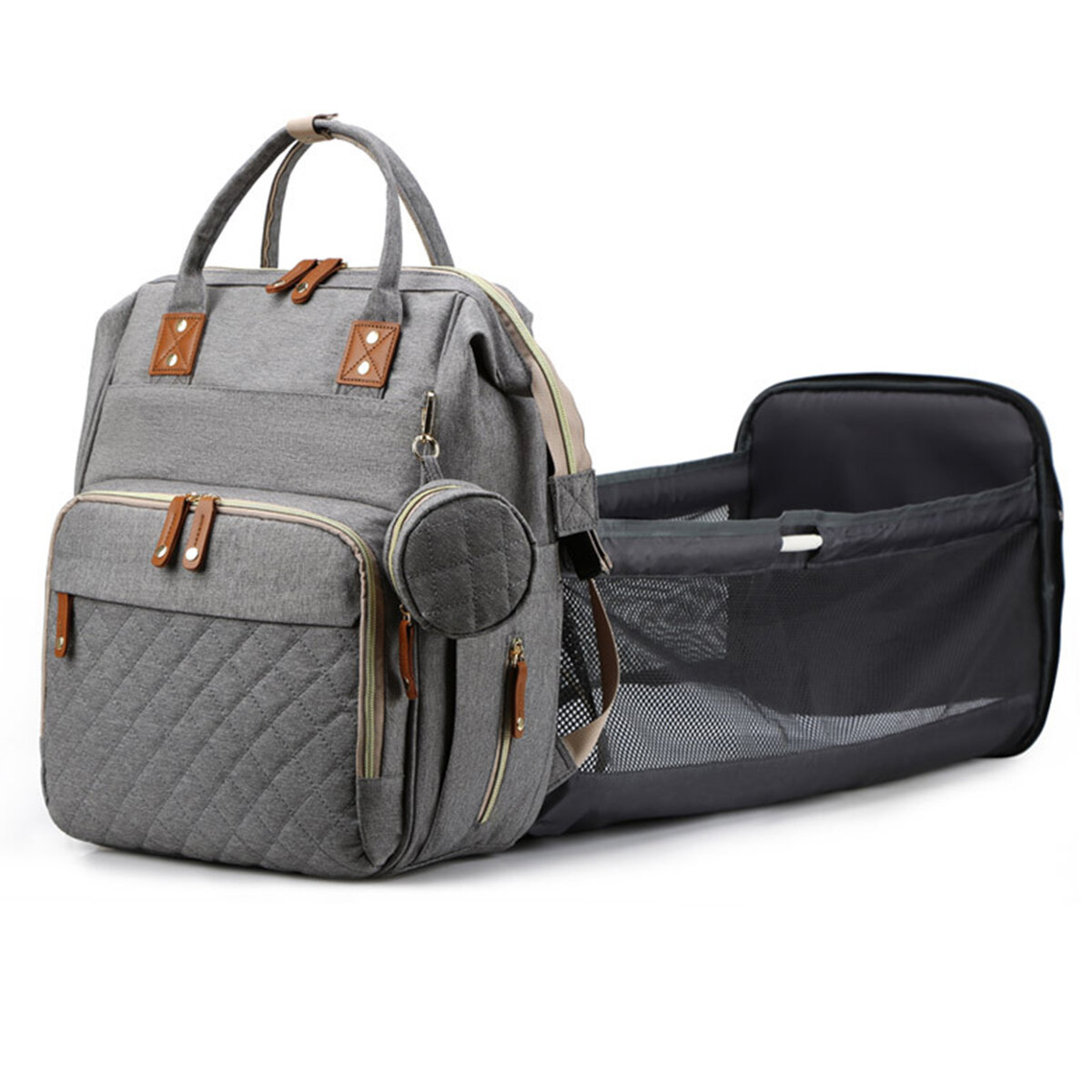 حقيبة ظهر أم مع منفذ USB ، سرير قابل للطي ، حقيبة حفاضات متعددة الوظائف للسفر في الهواء الطلق