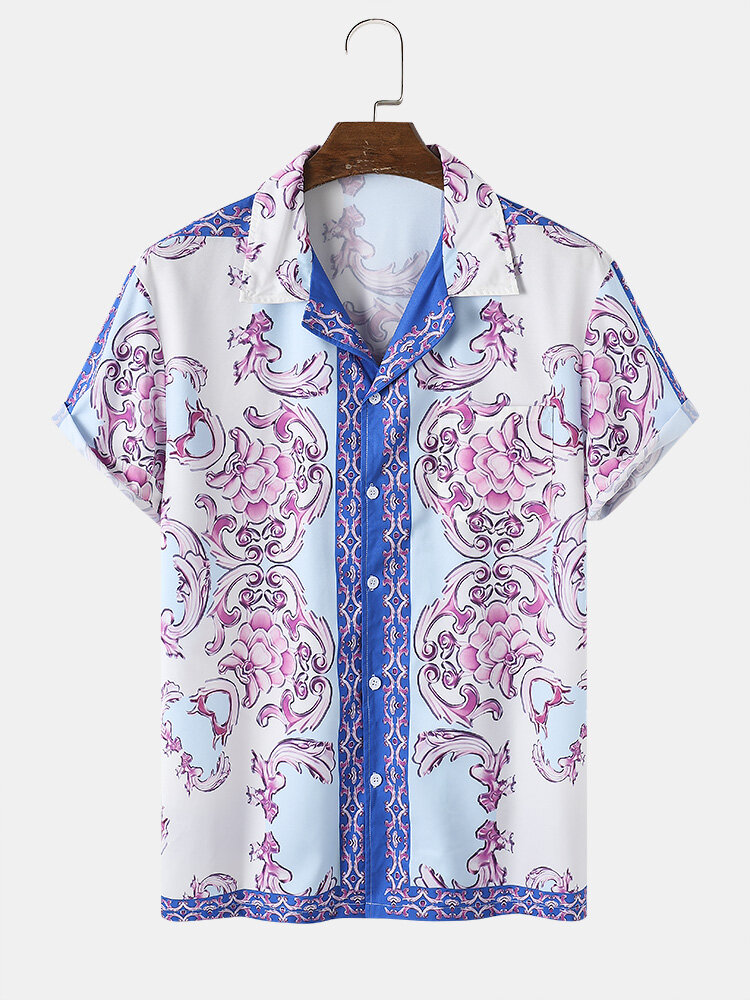 

Mens Revere Collar Baroque Print Pocket Lapel Regular Hem Shirt