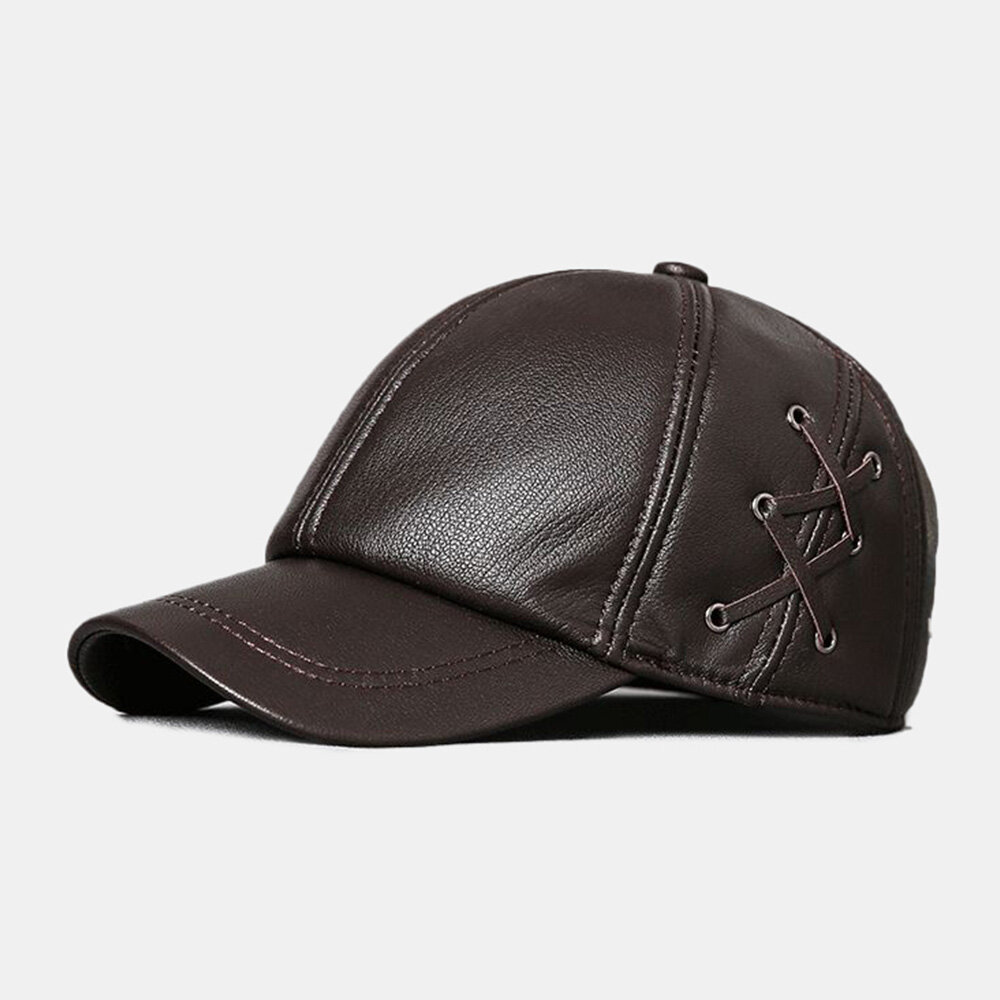 Men Sheepskin Solid Color Patchwork Side Cross Strap Decoration Outdoor Casual Warmth Baseball Cap