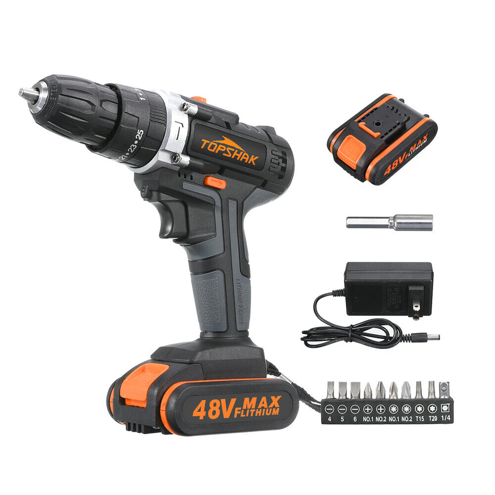 Topshak TS-ED1 Cordless Electric Impact Drill Rechargeable Drill Screwdriver W/ 1 or 2 Li-ion Battery