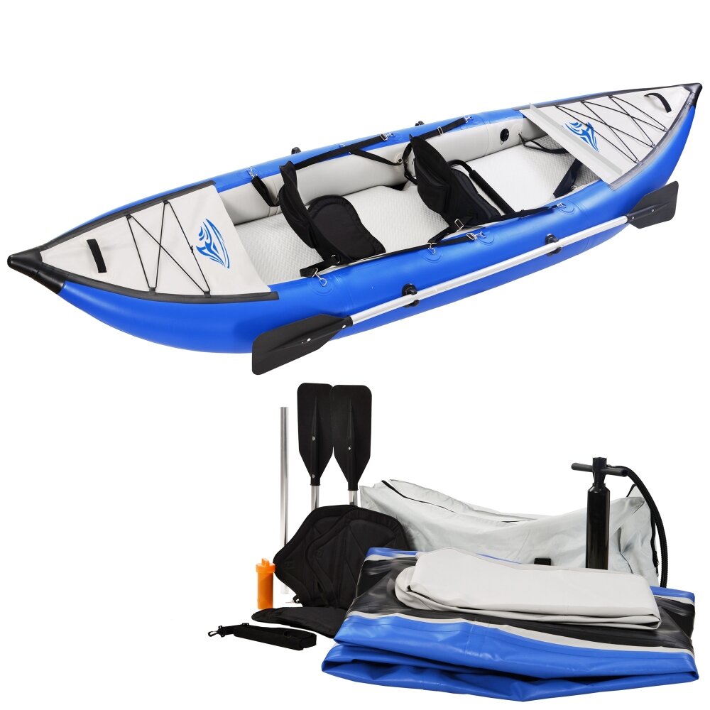 

[US Direct] 12FT Inflatable Kayak Set 2-Person Portable Recreational Touring Boating Max Load 946lbs with Paddle Air Pum