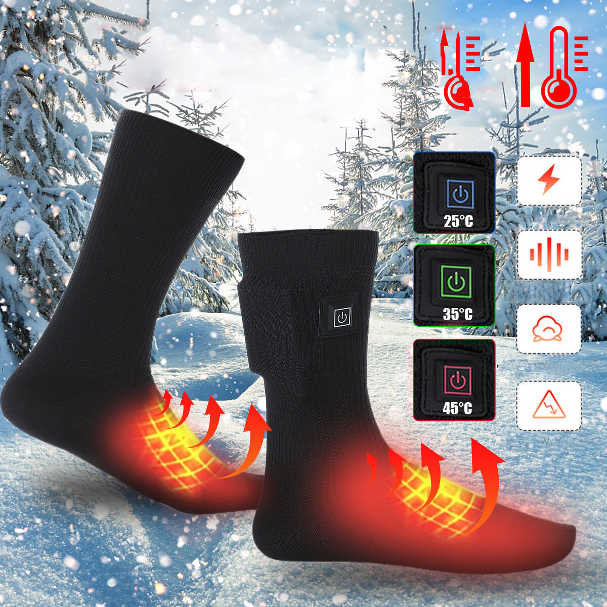 

1 Pair 4.5V Electric Heated Socks 3-Speeds Temperature Adjustable USB Rechargeable Feet Warmer Winter Skiing Socks
