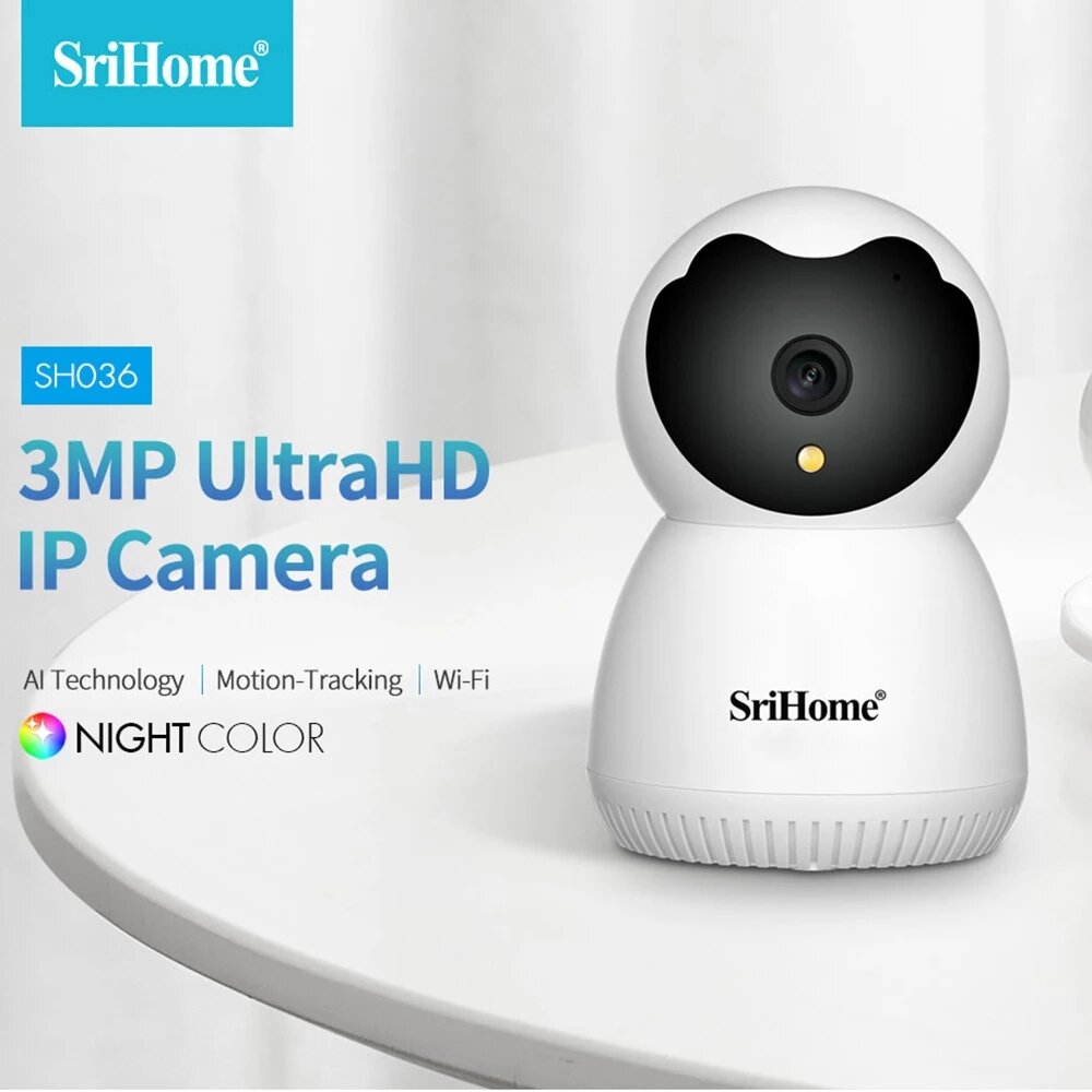 Srihome SH036 3MP WiFi IP Camera Indoor PTZ Color Night Vision Smart Home Security Camera CCTV Camer