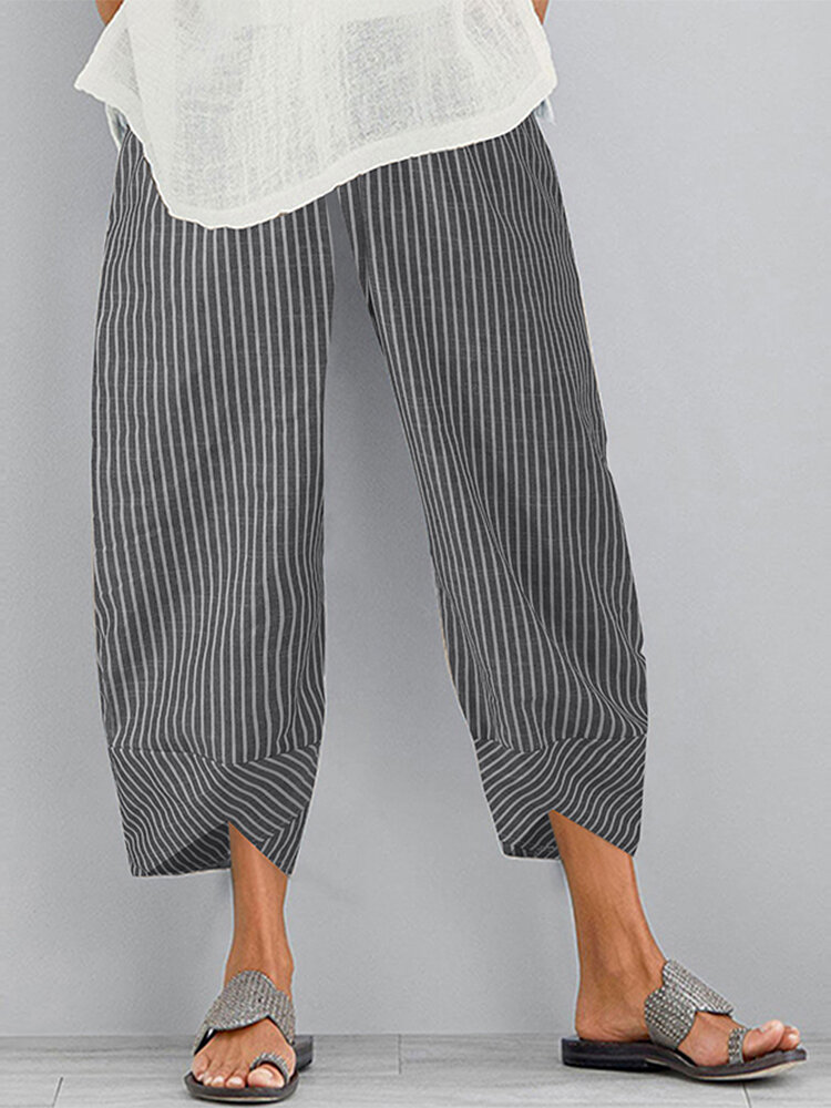 Casual losse gestreepte elastische taille onregelmatige zoom zijzak broek voor vrouwen