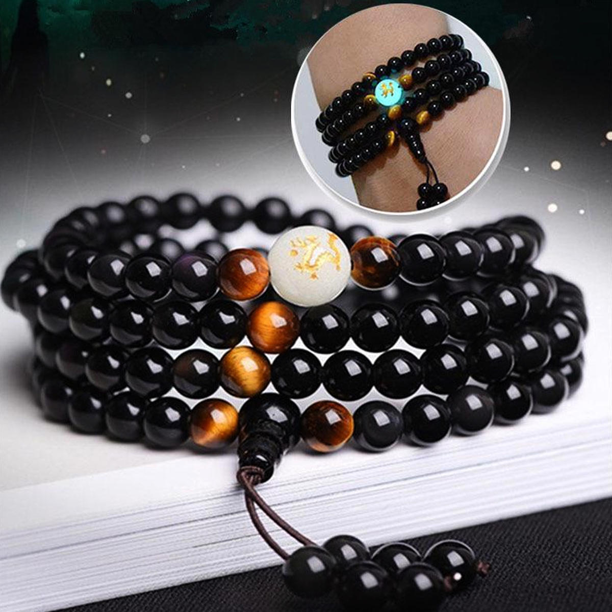 108 kralen Black Onyx lichtgevend Yoga Dragon Mala armband Multilayer vintage kralen armband