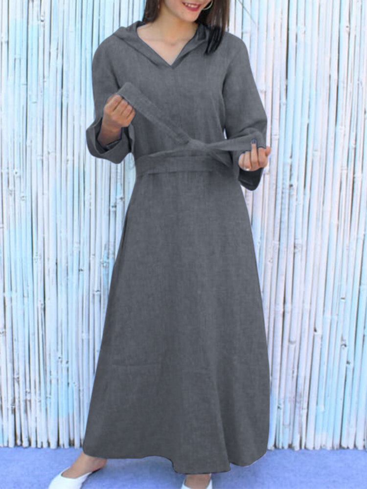 Women Hooded Loose Pleated Maxi Length Side Pockets Midi Dresses