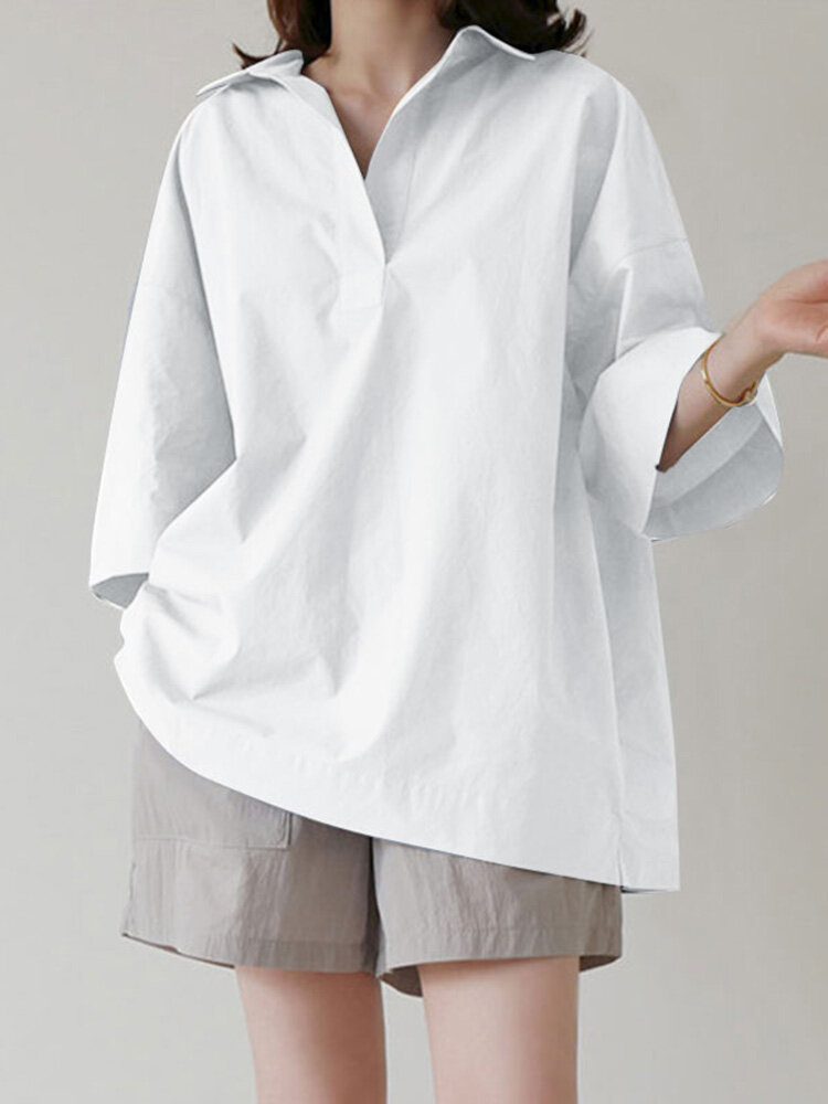 Solide losse revers casual blouse met 3/4 mouwen voor dames