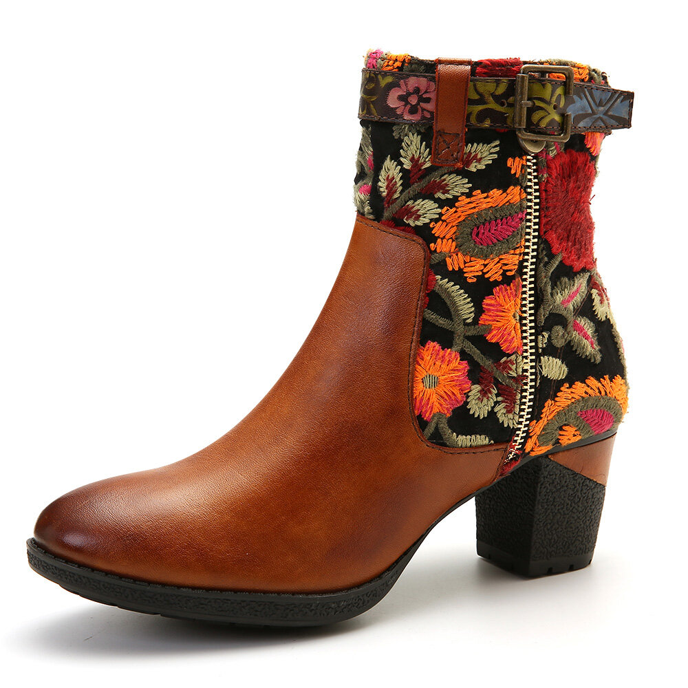 

SOCOFY Ladies Causal Floral Pattern Buckle Deco Splicing Round Toe Block Heel Ankle Boots