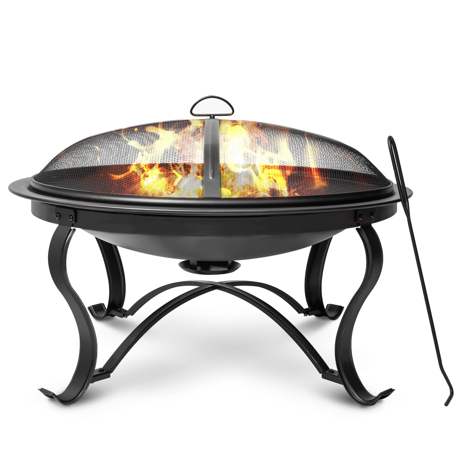 

Kingso 30 inch Fire Pits Steel Wood Burning Firepit with Ash Plate Spark Screen Log Grate Poker