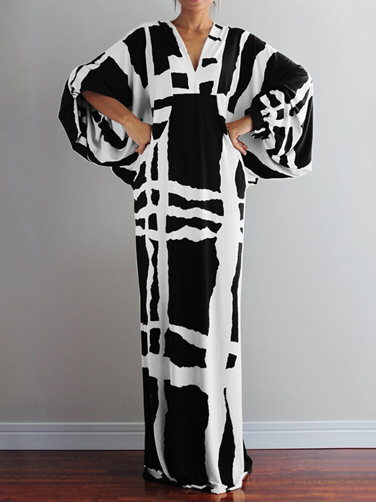 Women Irregular Plaid Printing V-Neck Long Sleeve Casual Loose Maxi Dress
