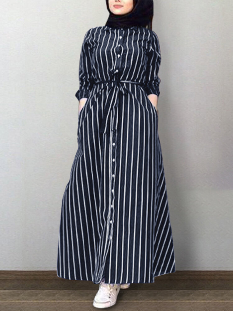 فستان ماكسي بأكمام طويلة وطية صدر مخططة للنساء