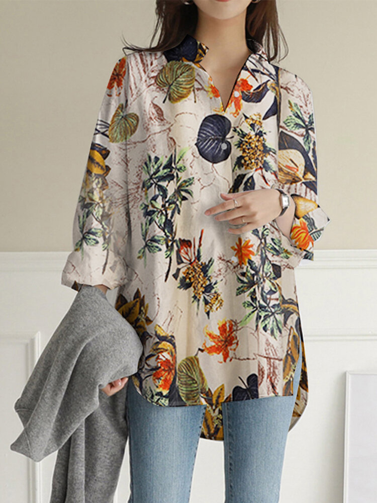 Dames katoenen vintage bloemenbladprint casual losse shirts met voorzakken