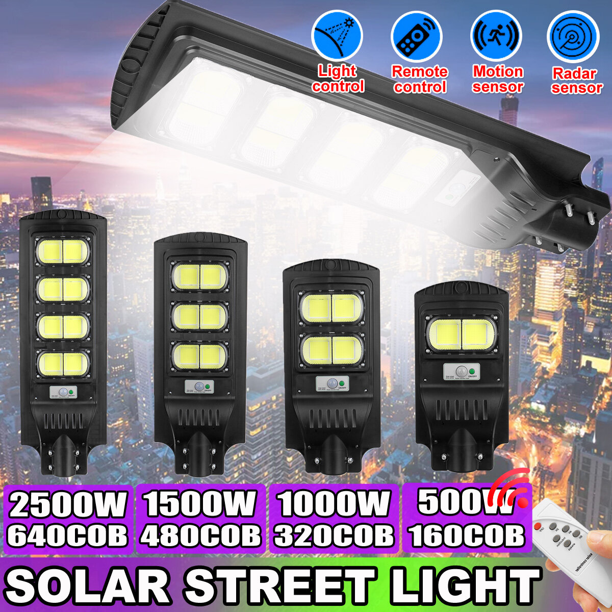 160/320/480 / 640COB LED-straatverlichting op zonne-energie PIR Bewegingssensor Buitenwandlamp met a