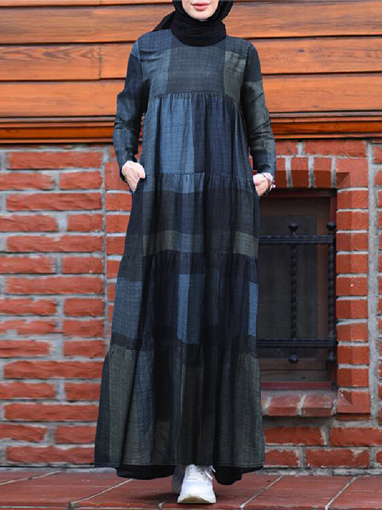 Women Kaftan Tunic Plaid Print Back?Zipper Long Sleeve Maxi Layered Dress