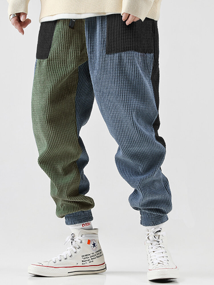 Mens Patchwork Corduroy Drawstring Casual Jogger Pants With Pocket