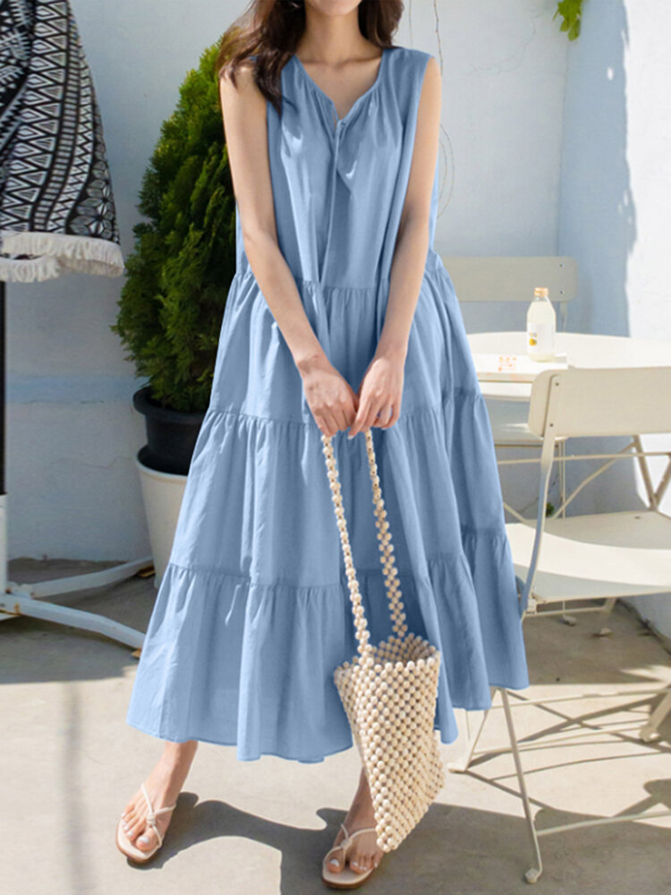 Solid Color Sleeveless V-neck Pleated Layered Lace Up Daily Casual Maxi Dress
