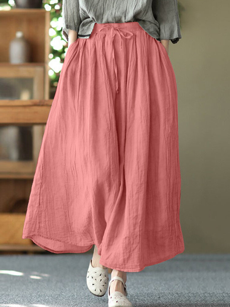 Solid Elastic Waist Pocket Casual Skirt