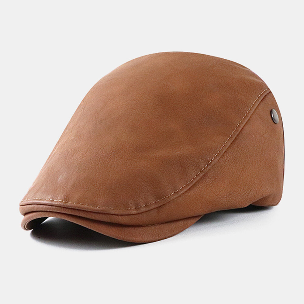 

Men Newsboy Hat Washed Distressed PU Solid Color Rivet Casual Windproof Warmth Beret Flat Cap