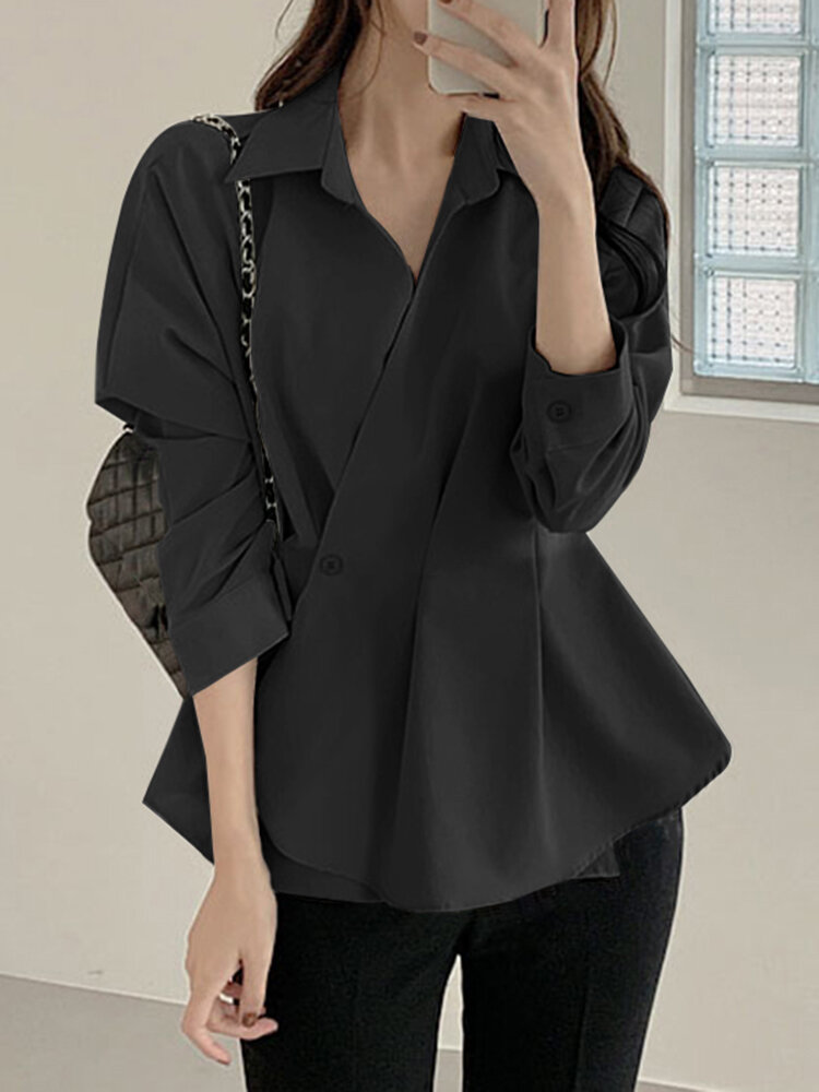 Solid Irregular Button Lapel Long Sleeve Blouse For Women