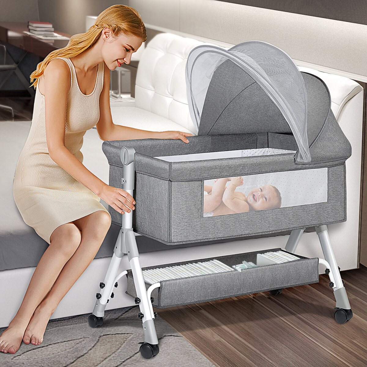 

Bassinet for Baby,Adjustable Baby Crib,Infant Cradle Bed with Diaper Storage Basket and Changing Station,Bedside Sleeper