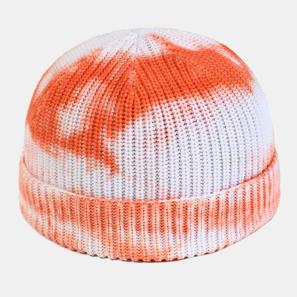 Men Tie-dyed Cotton Round Top Warm Melon Brimless Beanie Skull Hat Knit Hat