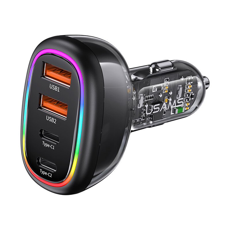 USAMS 120W Fast Car Charger with PD30W QC3.0 USB Type-C AACC Four Port Quick Charging Colorful Backlit Light Transparent Design C34
