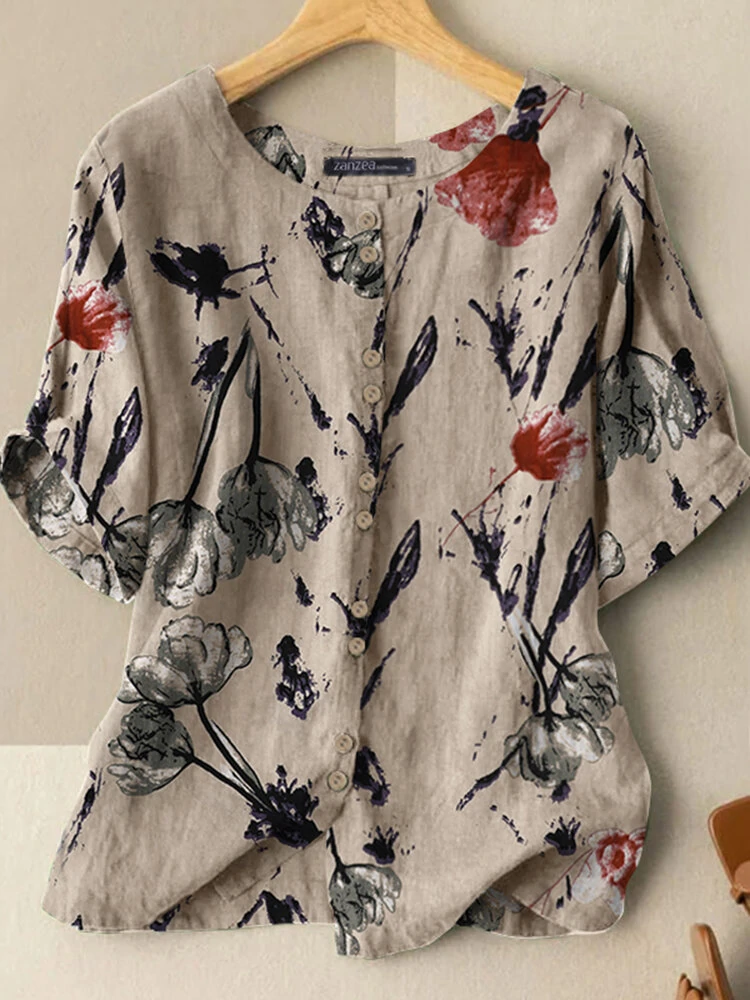 Casual flower print button front short sleeve crew neck blouse