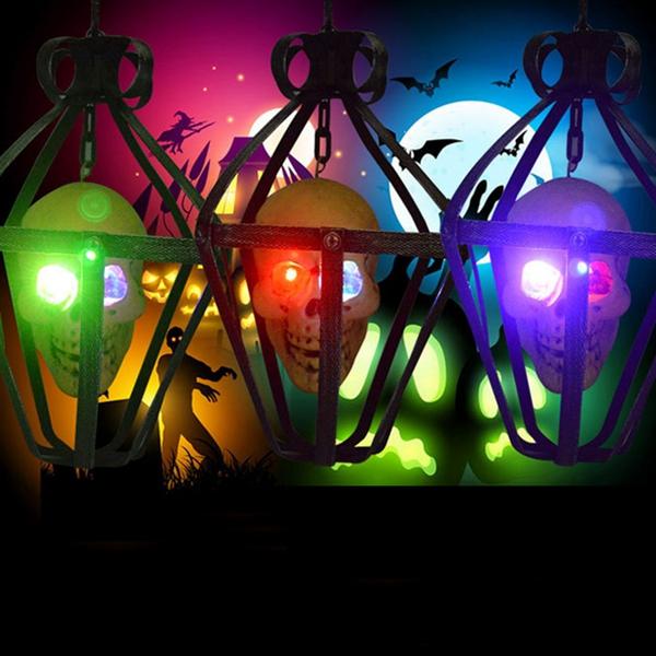 Image of Portable Bunte blinkende LED Glhende Schdel Nachtlicht Hanging Cage Halloween Party Dekor