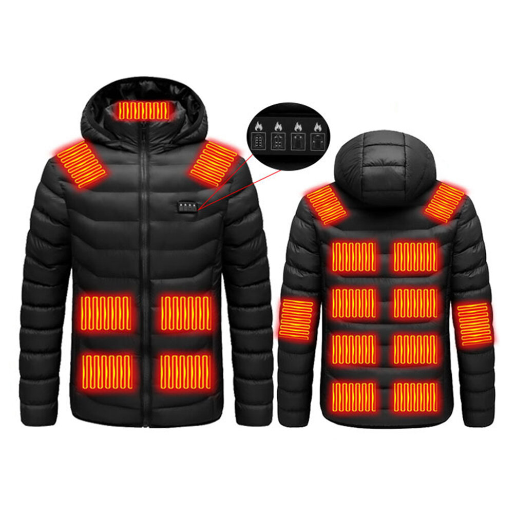 Chaqueta calefactable negra de 19 áreas para hombres y mujeres, chaqueta calefactable de invierno por USB, 4 interruptores, control de temperatura de 3 niveles, abrigo deportivo para exteriores