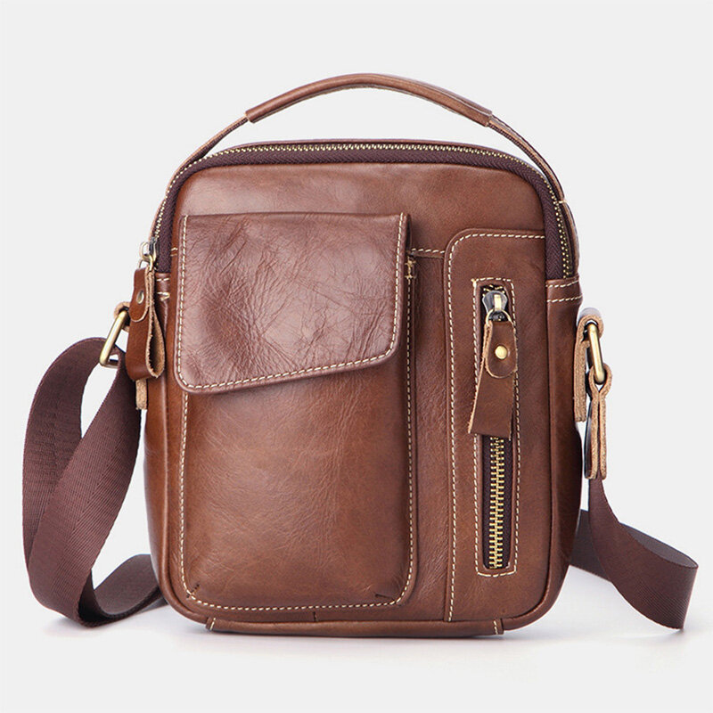 Ekphero Men Genuine Leather Vintage Hard Wearing Magnet Button Aslant Bag Adjustable Shoulder Strap 
