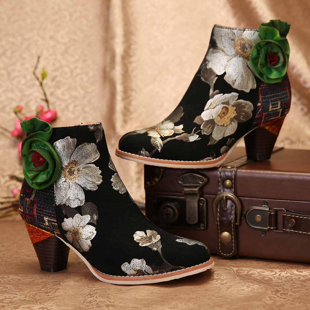 59% OFF on SOCOFY Green Flower Genuine Leather Splicing Zipper Elegant High Heel Ankle Boots
