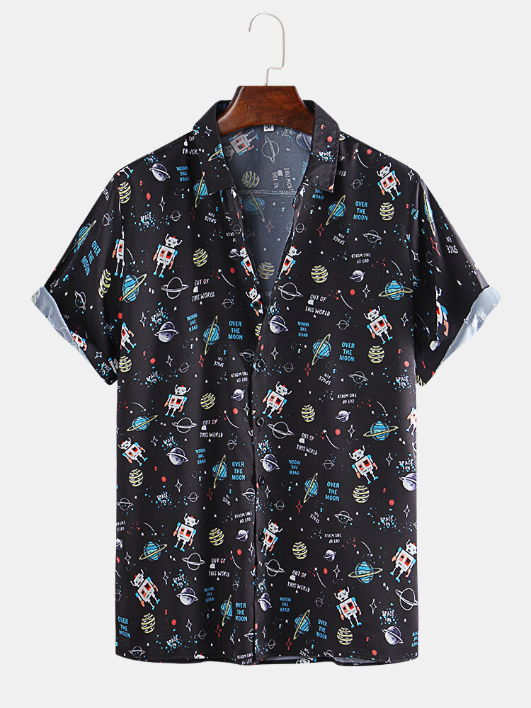 

Men Cartoon Space Robot Letter Print Botton Up Turn Down Collar Hawaii Holiday Short Sleeve Shirts
