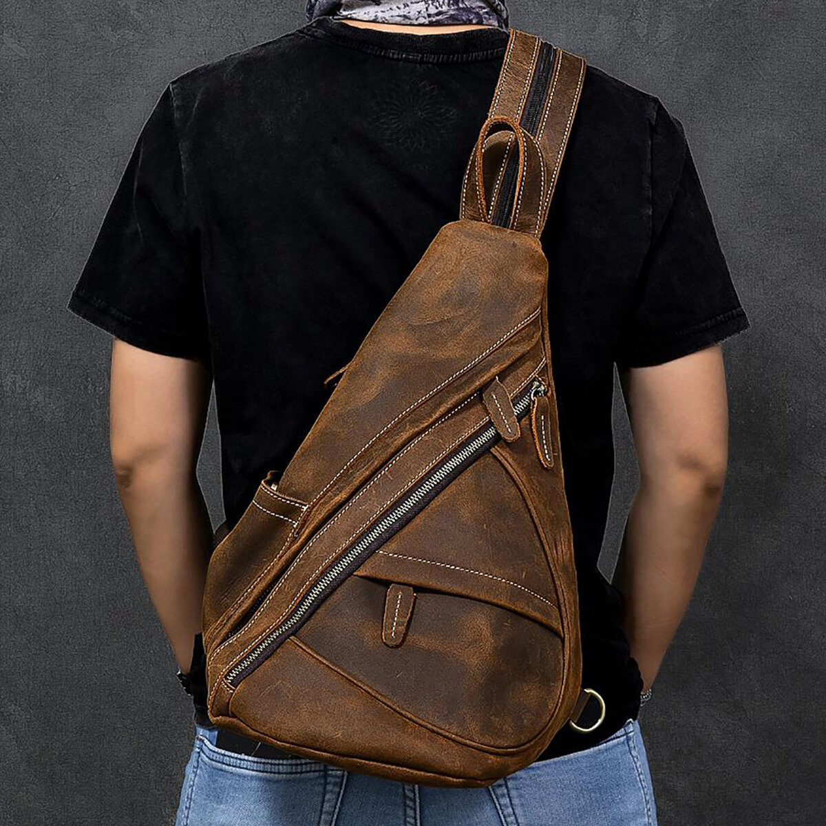 Ekphero Men Faux Leather Large Capacity Multi-Pockets Wear-Resistant Blackpack Chest Bag Crossbody B