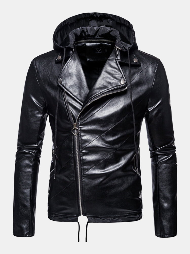 Mens PU Leather Asymmetric Zipper Drawstring Hem Hooded Biker Jacket