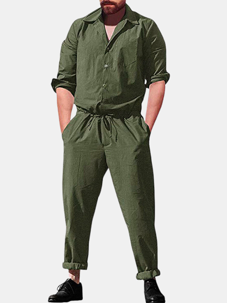 Men Casual Romper Long Sleeve Jumpsuit Stand Collar Military Overalls Cargo Pants
