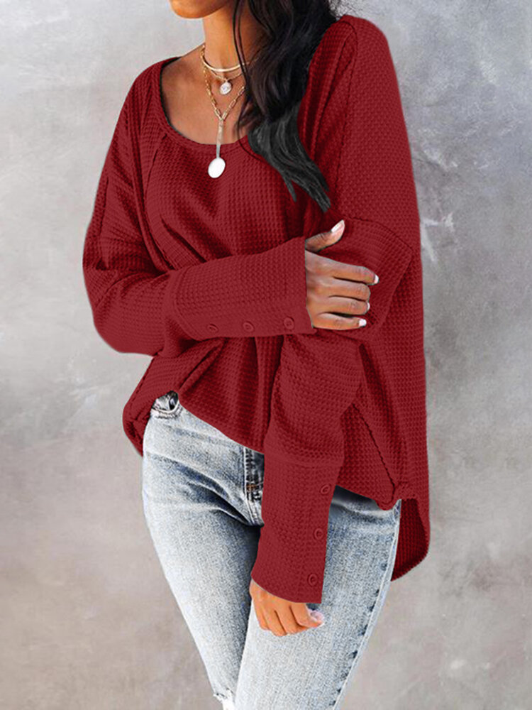 Women Spliced Loose Solid Color O-Neck Long Sleeve Casual Shirts