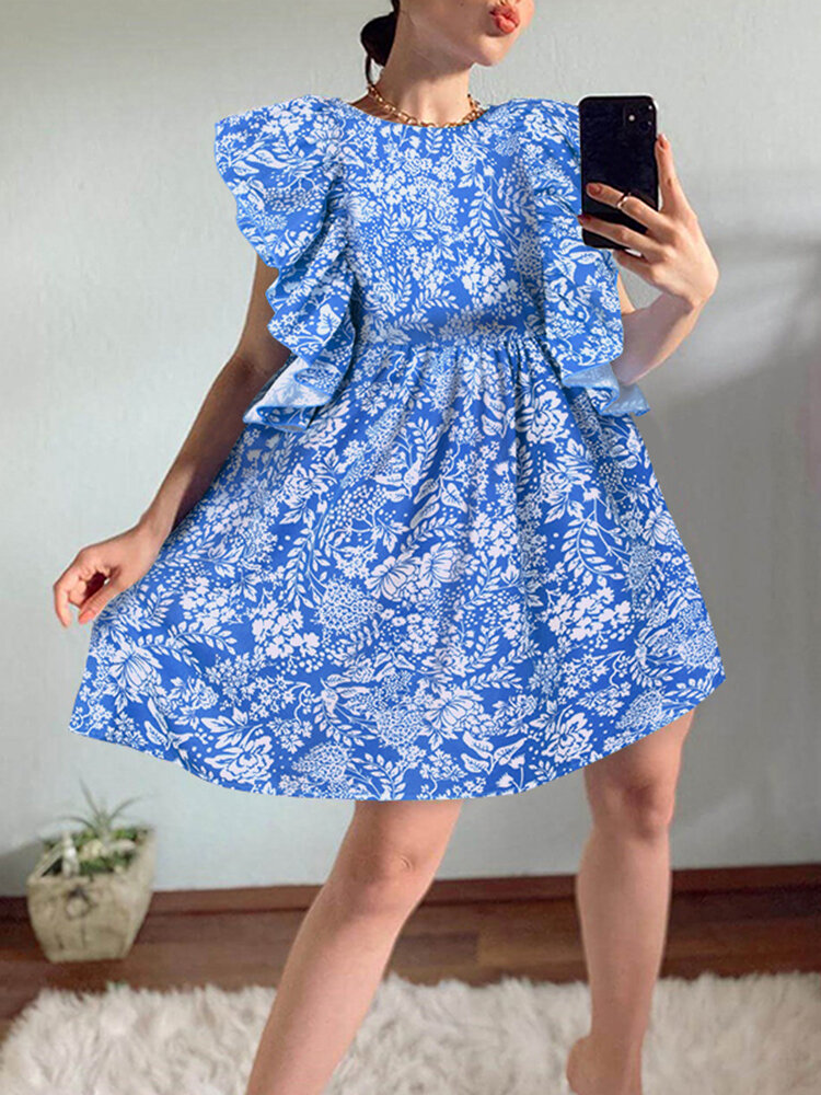 Dames bloemenprint ruche versieringen mouwloze casual dagelijkse pop mini-jurk