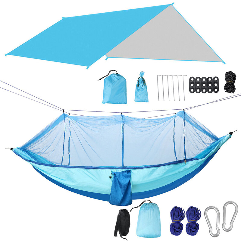 IPRee®1-2人用キャンプハンモック+蚊帳メッシュ+レインタープカバースリーピングベッドスイングチェア屋外ハンティングクライミング